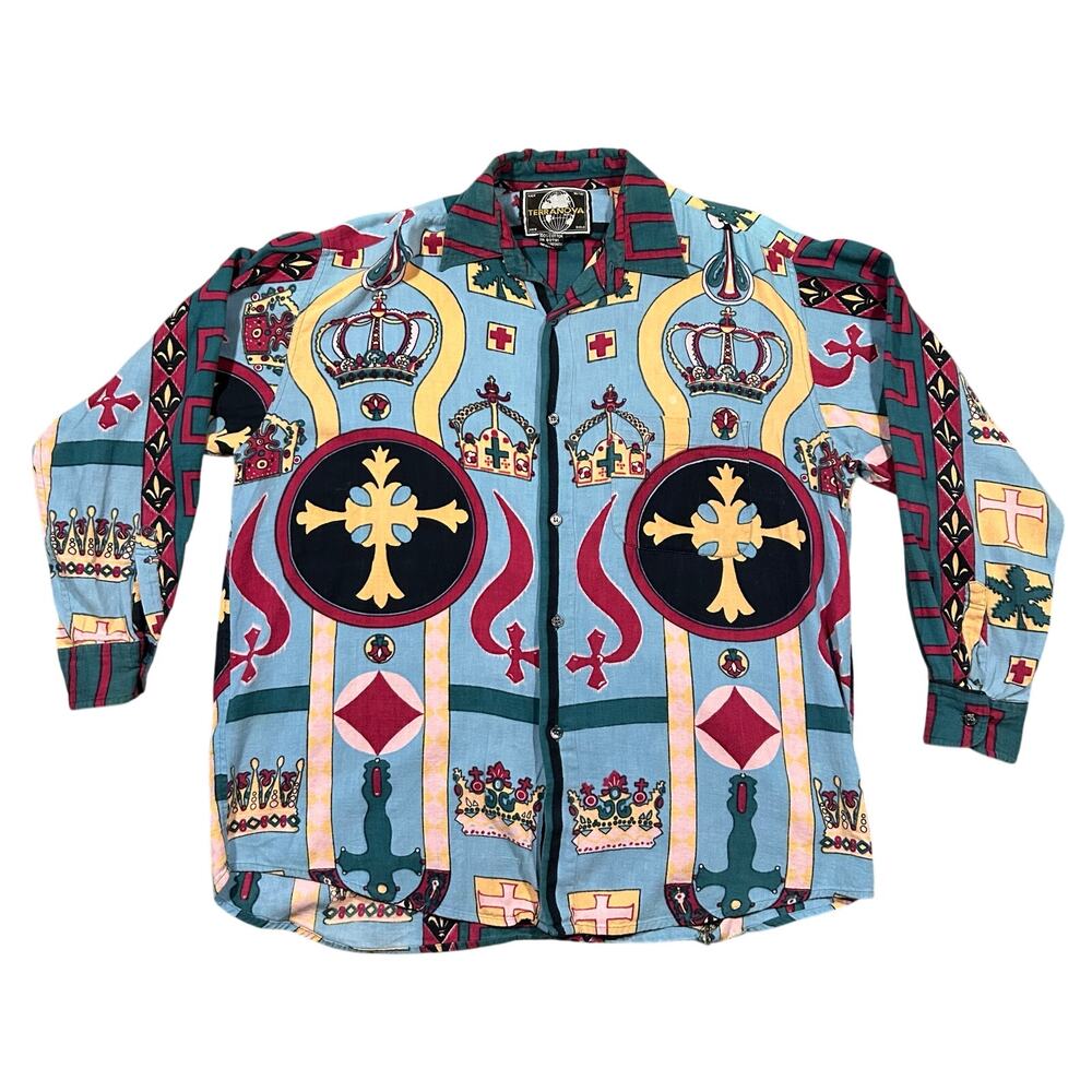 Vintage 90s Terranova Crown & Cross Shirt Medium Print Button Up Long Sleeve